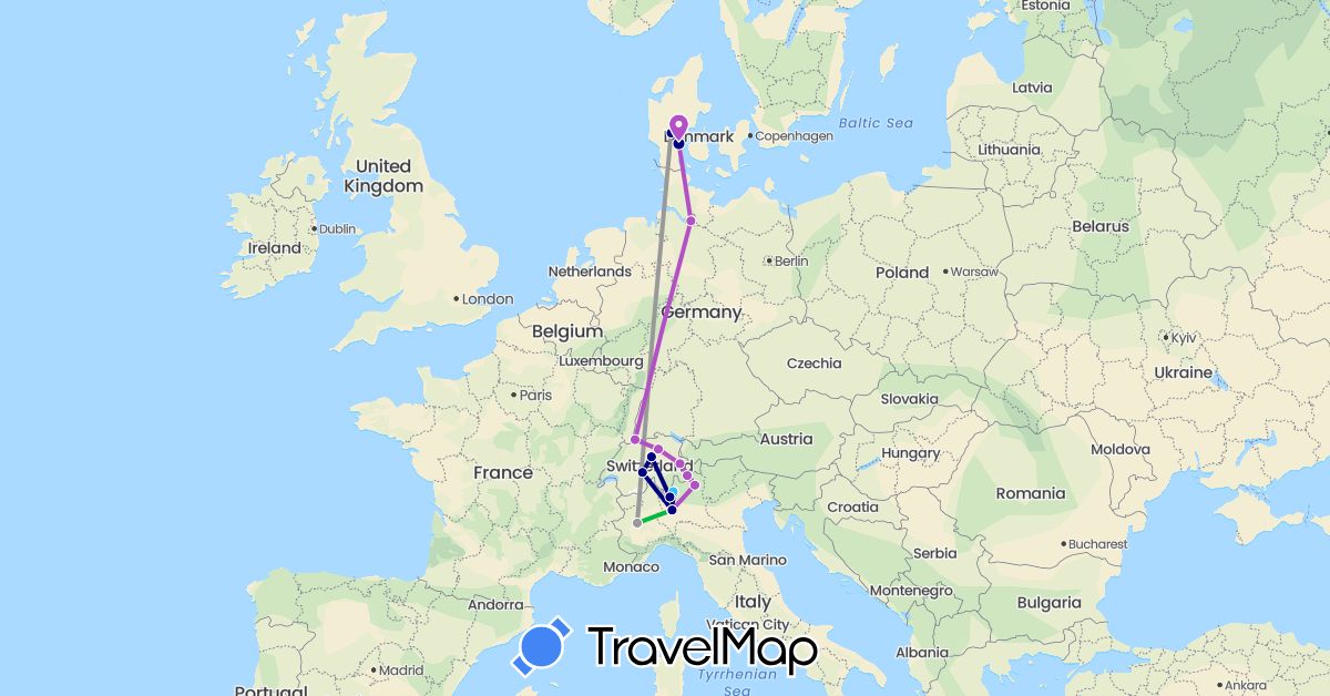 TravelMap itinerary: driving, bus, plane, train, boat in Switzerland, Germany, Denmark, Italy (Europe)